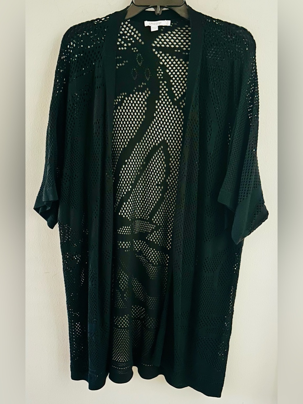 CHICO’S Black Open-Stitch Cutwork Crochet Cardigan/Kimono, Size XL